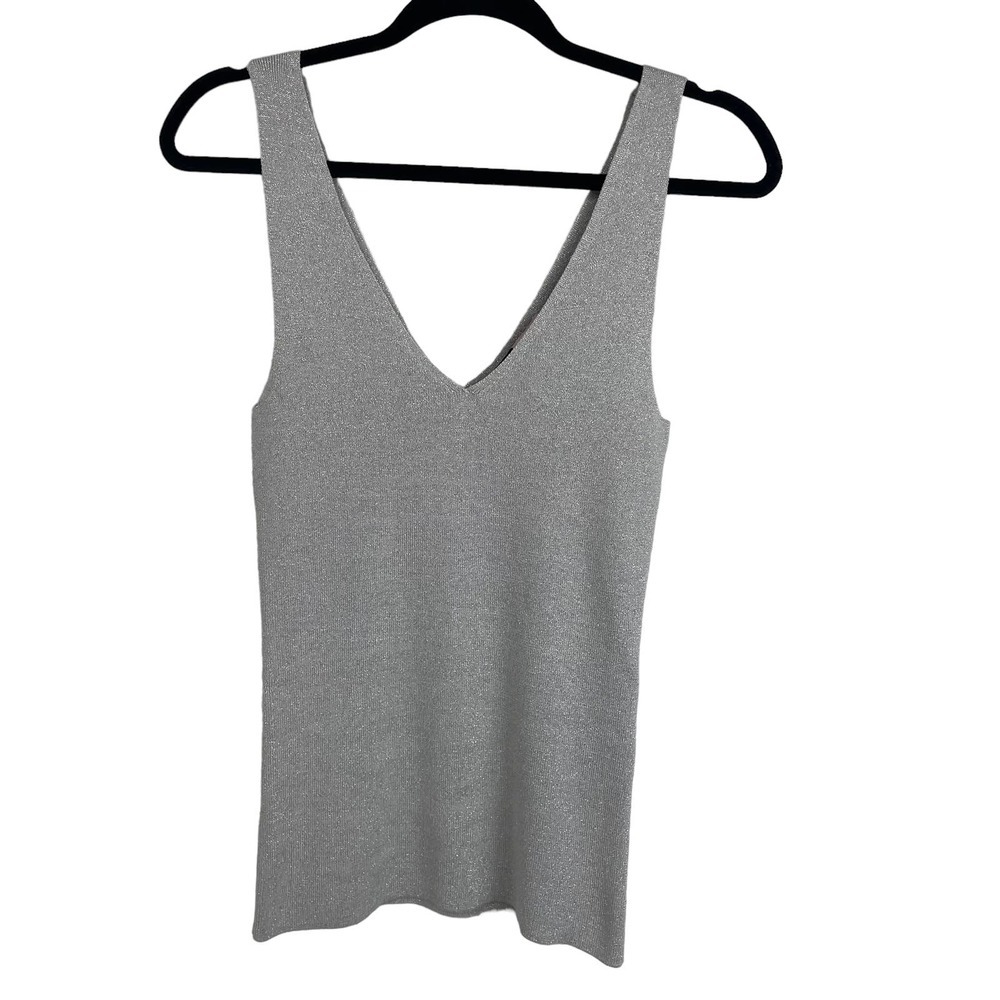 NWT Focus Lifestyle Silver Metallic Knit Tank Top Small